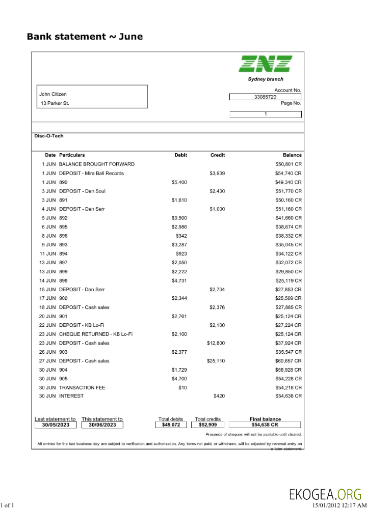 Relevé bancaire de Sydney ZNZ Modèle Word et PDF scr